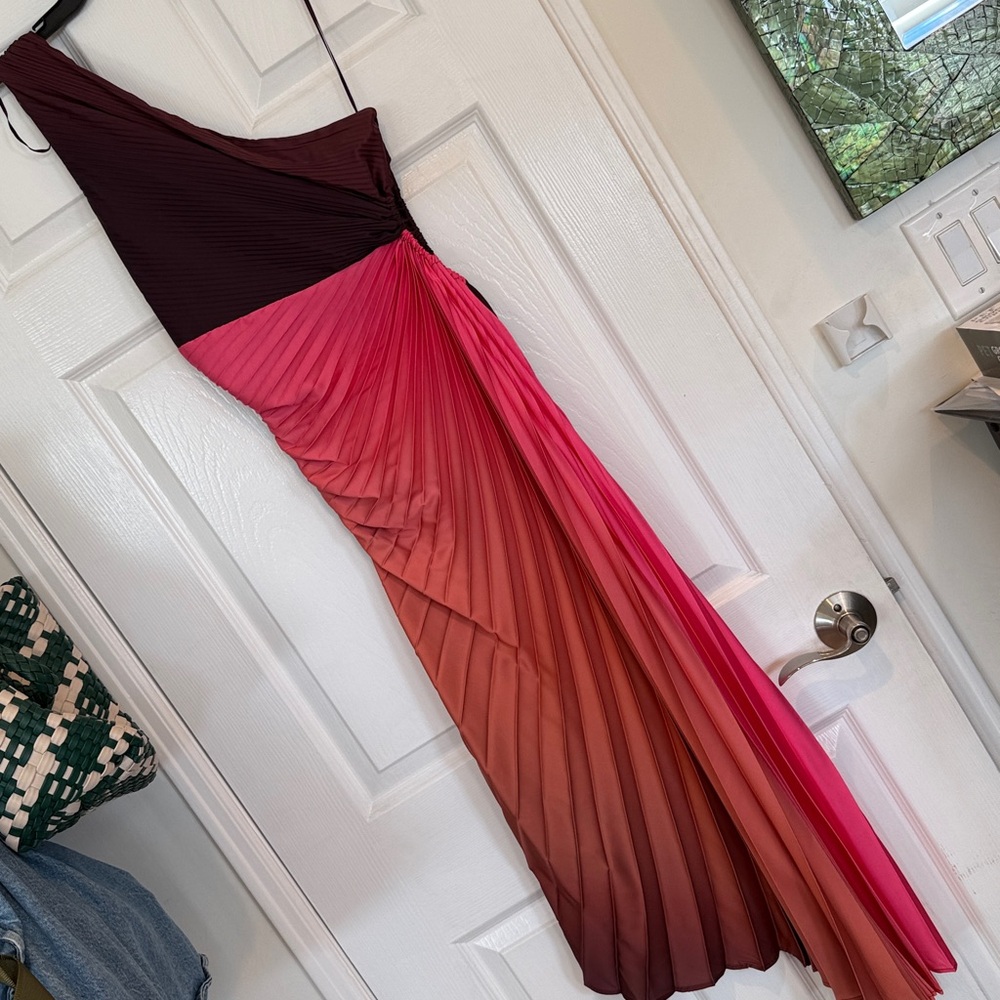 Fashion Nova One-Shoulder Ombre Pleated Gown in Burgundy-to-Pink - Picture 8 of 8